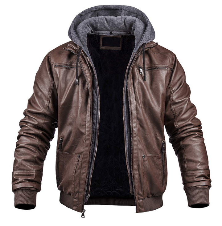 Herren Motorradjacke | PU-Leder mit Kapuze | Slim Fit Windbreaker | Gefüttert für den Winter