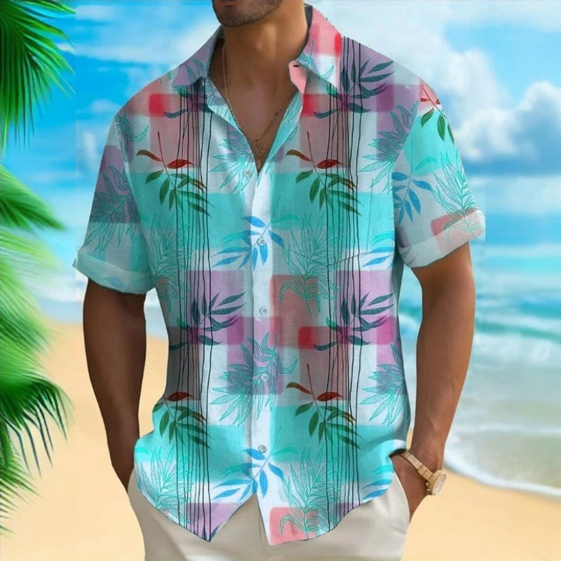 Herren Shirt | Kurze Ärmel | Tropisches Palmblatt Muster | Sommer