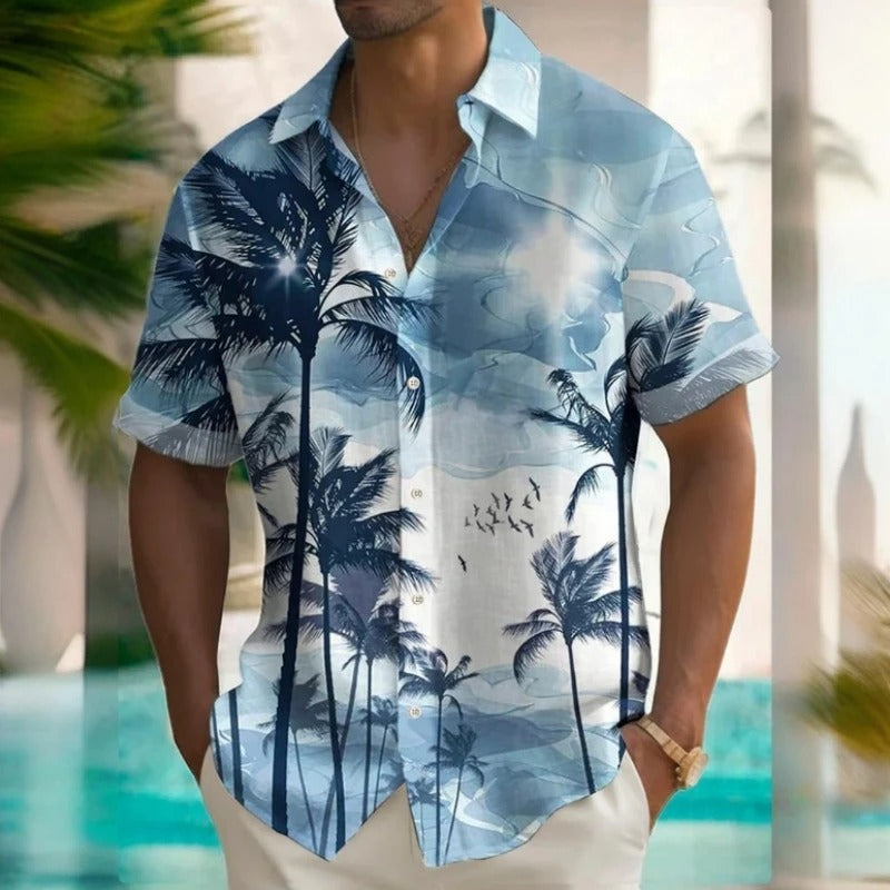Herren Shirt | Kurze Ärmel | Tropisches Palmblatt Muster | Sommer