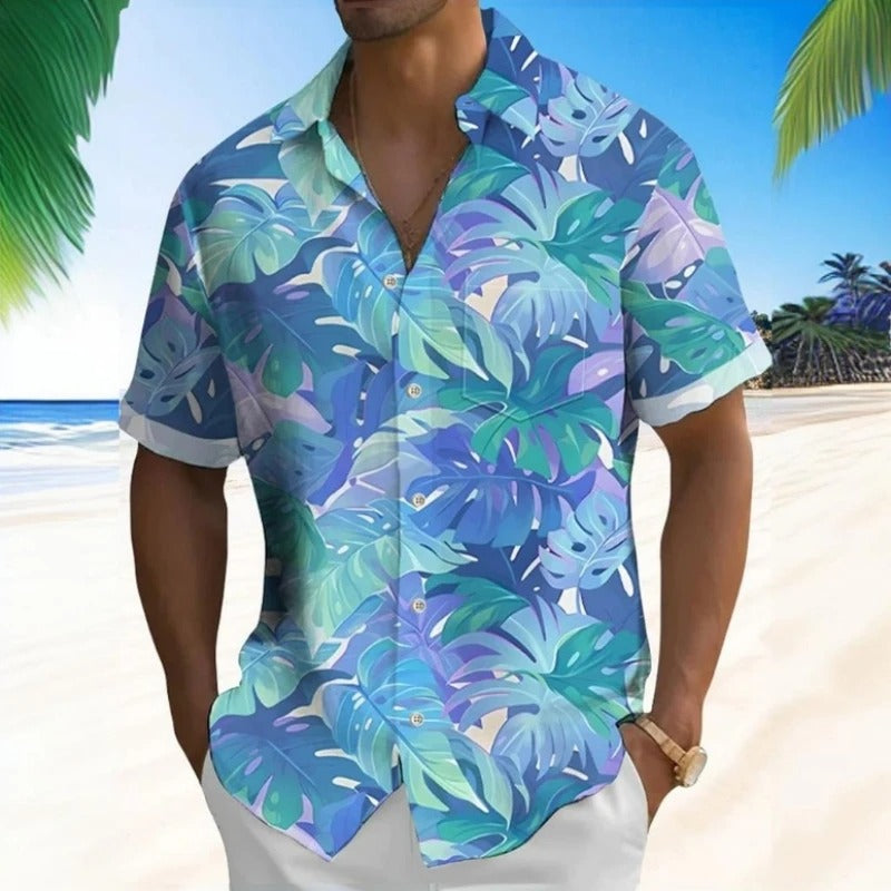 Herren Shirt | Kurze Ärmel | Tropisches Palmblatt Muster | Sommer