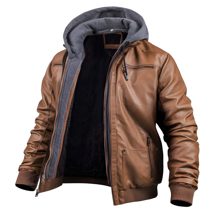 Herren Motorradjacke | PU-Leder mit Kapuze | Slim Fit Windbreaker | Gefüttert für den Winter