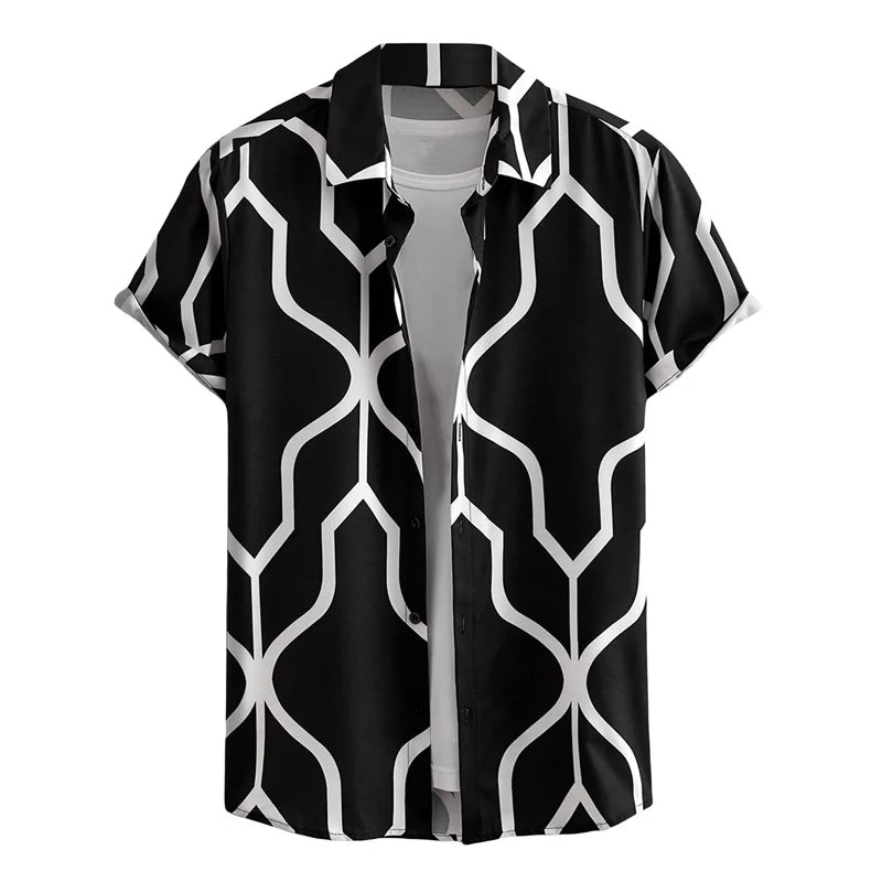 Herren Shirt | Abstraktes Linienmuster | Offener Kragen | Sommer