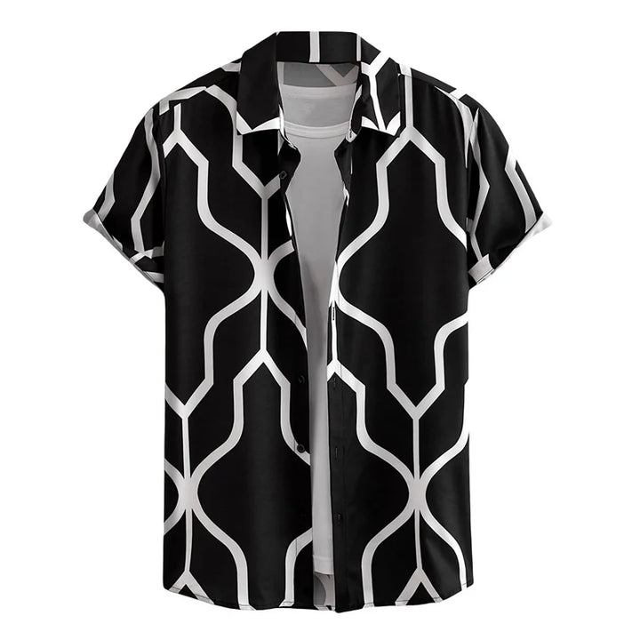 Herren Shirt | Abstraktes Linienmuster | Offener Kragen | Sommer