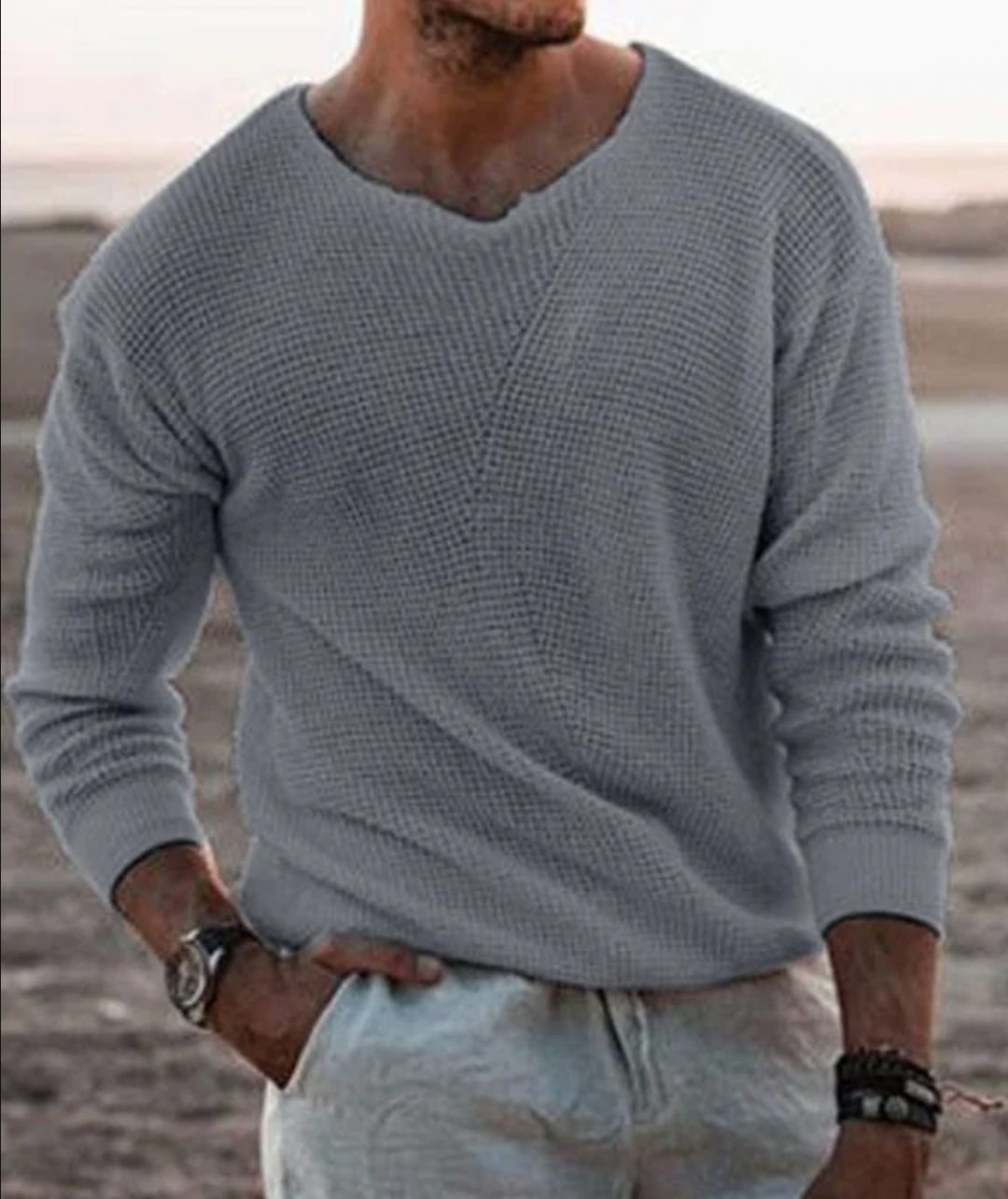 Herren Pullover | Lockerer Strick | V-Ausschnitt Langarm