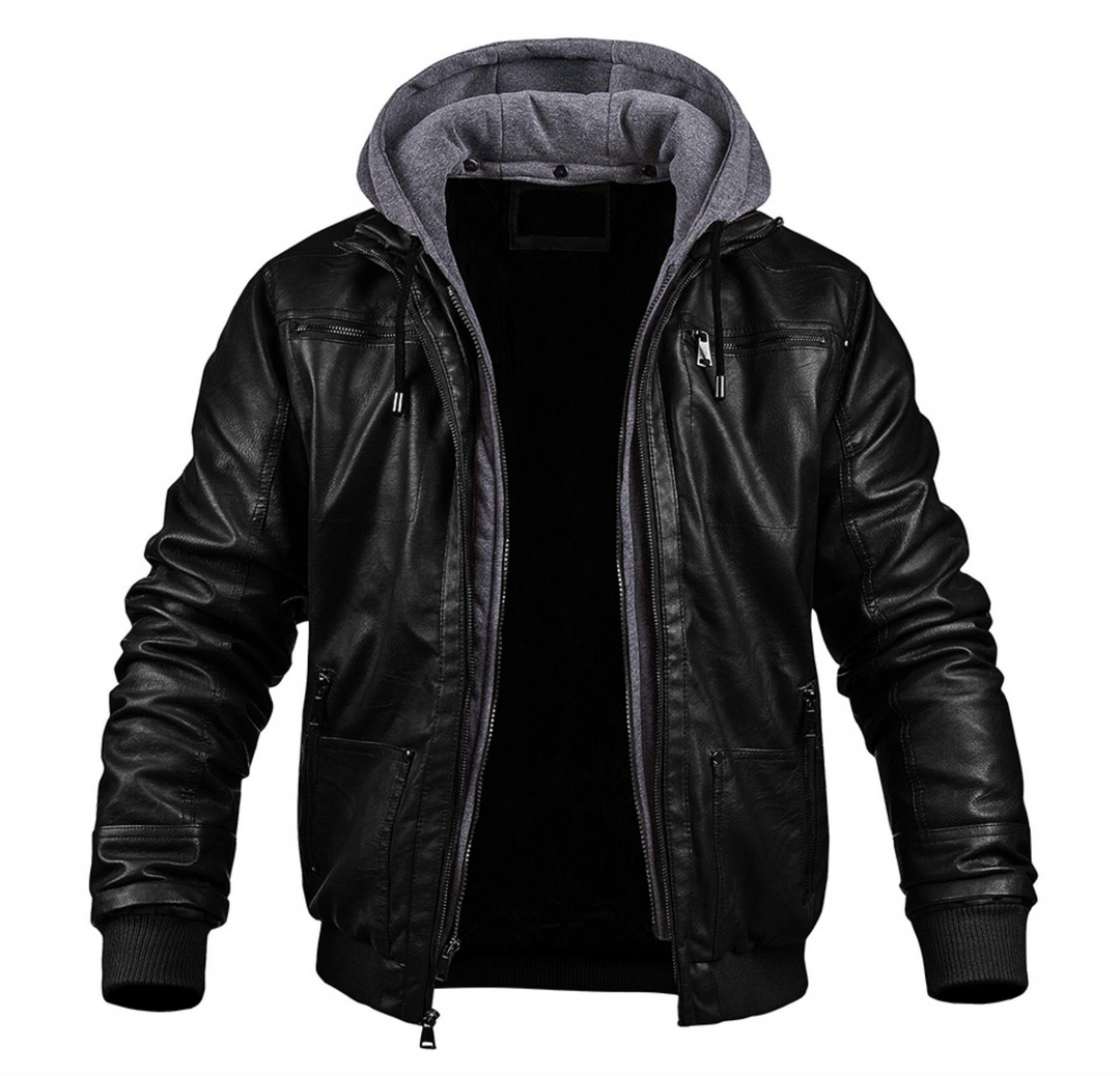 Herren Motorradjacke | PU-Leder mit Kapuze | Slim Fit Windbreaker | Gefüttert für den Winter