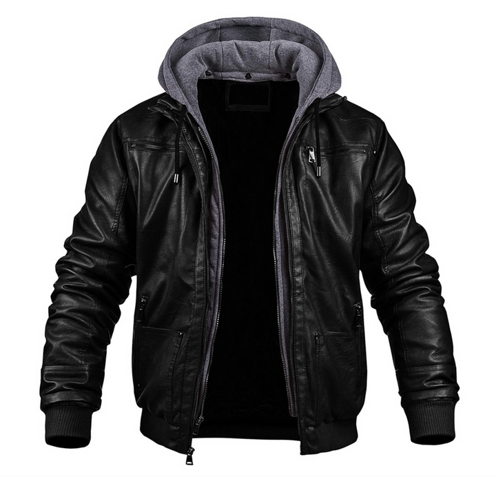 Herren Motorradjacke | PU-Leder mit Kapuze | Slim Fit Windbreaker | Gefüttert für den Winter