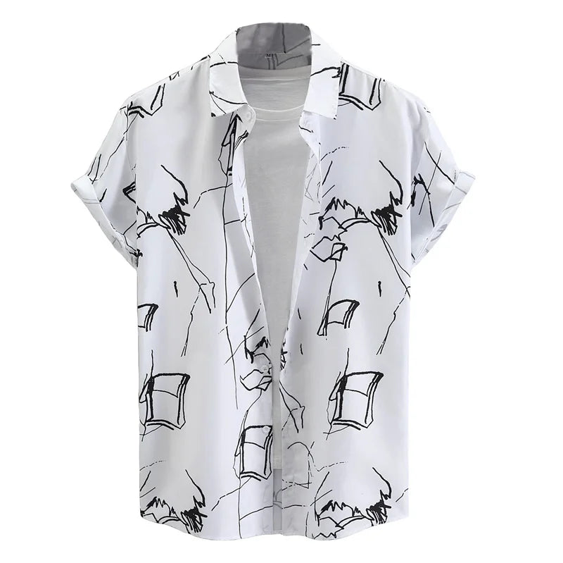 Herren Shirt | Abstraktes Linienmuster | Offener Kragen | Sommer