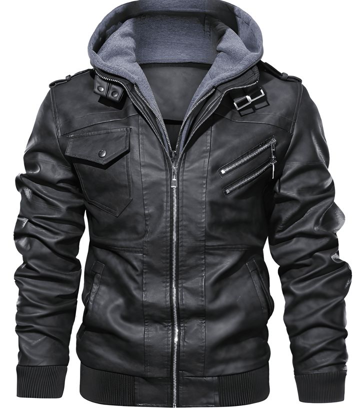 Herren Motorradjacke | PU-Leder mit Kapuze | Slim Fit Windbreaker | Gefüttert für den Winter