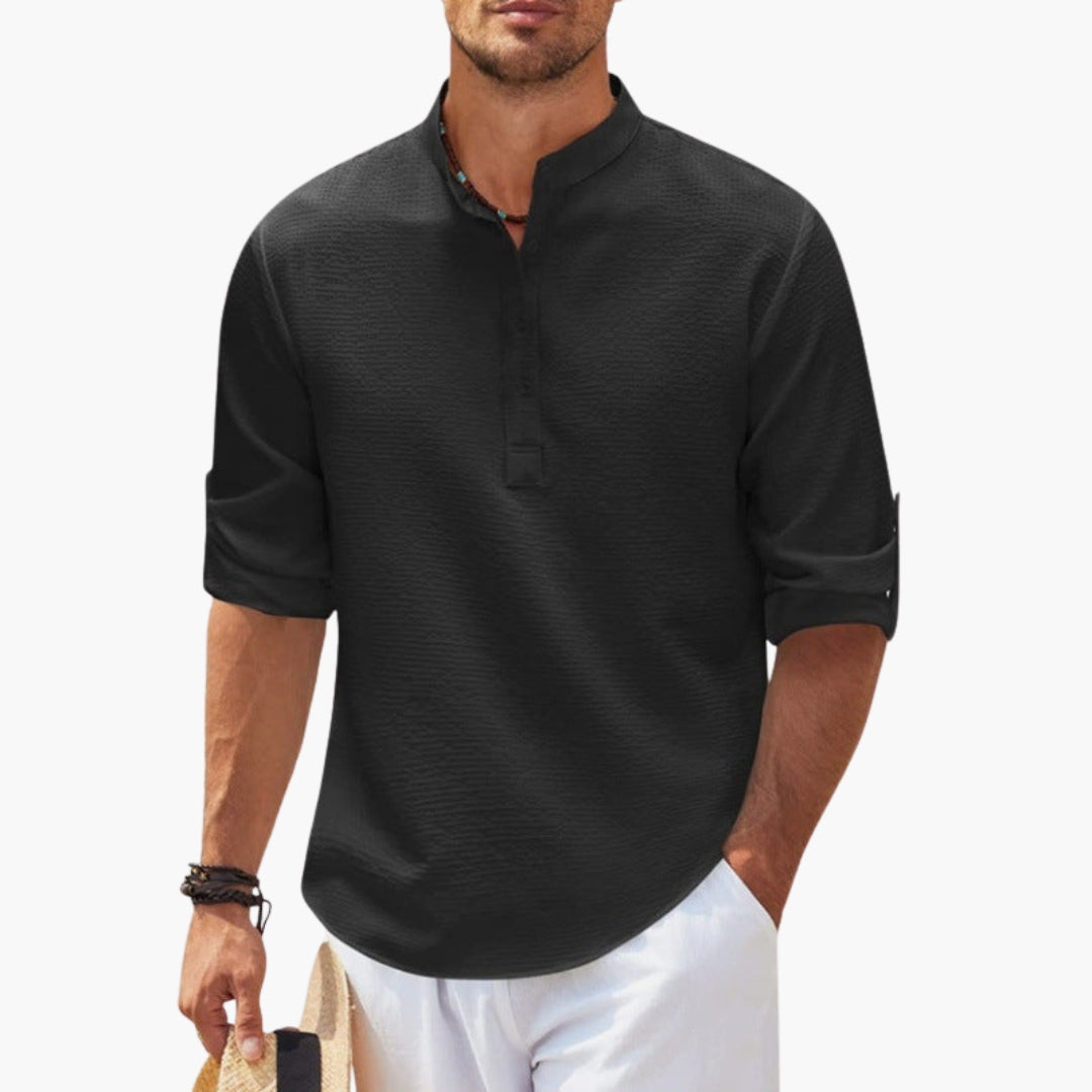Herren Langarmshirt | Waffelstruktur | Henley-Kragen | Sommer