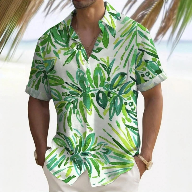 Herren Shirt | Kurze Ärmel | Tropisches Palmblatt Muster | Sommer
