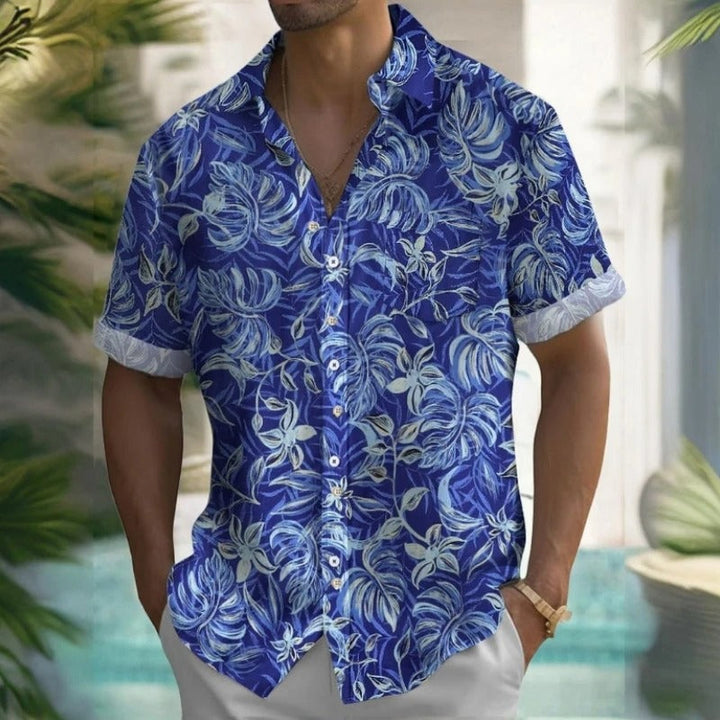 Herren Shirt | Kurze Ärmel | Tropisches Palmblatt Muster | Sommer