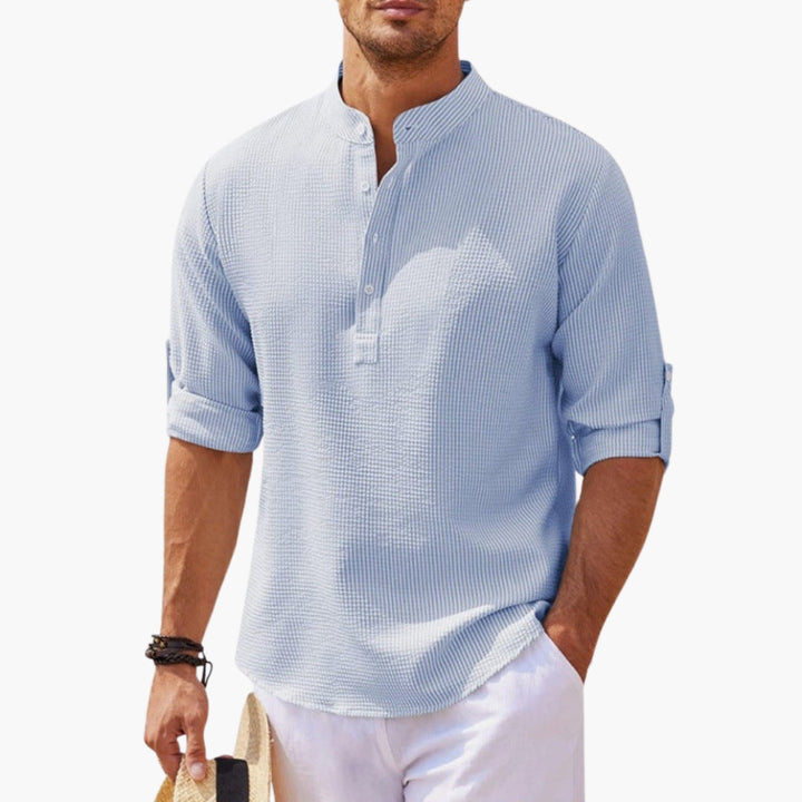Herren Langarmshirt | Waffelstruktur | Henley-Kragen | Sommer