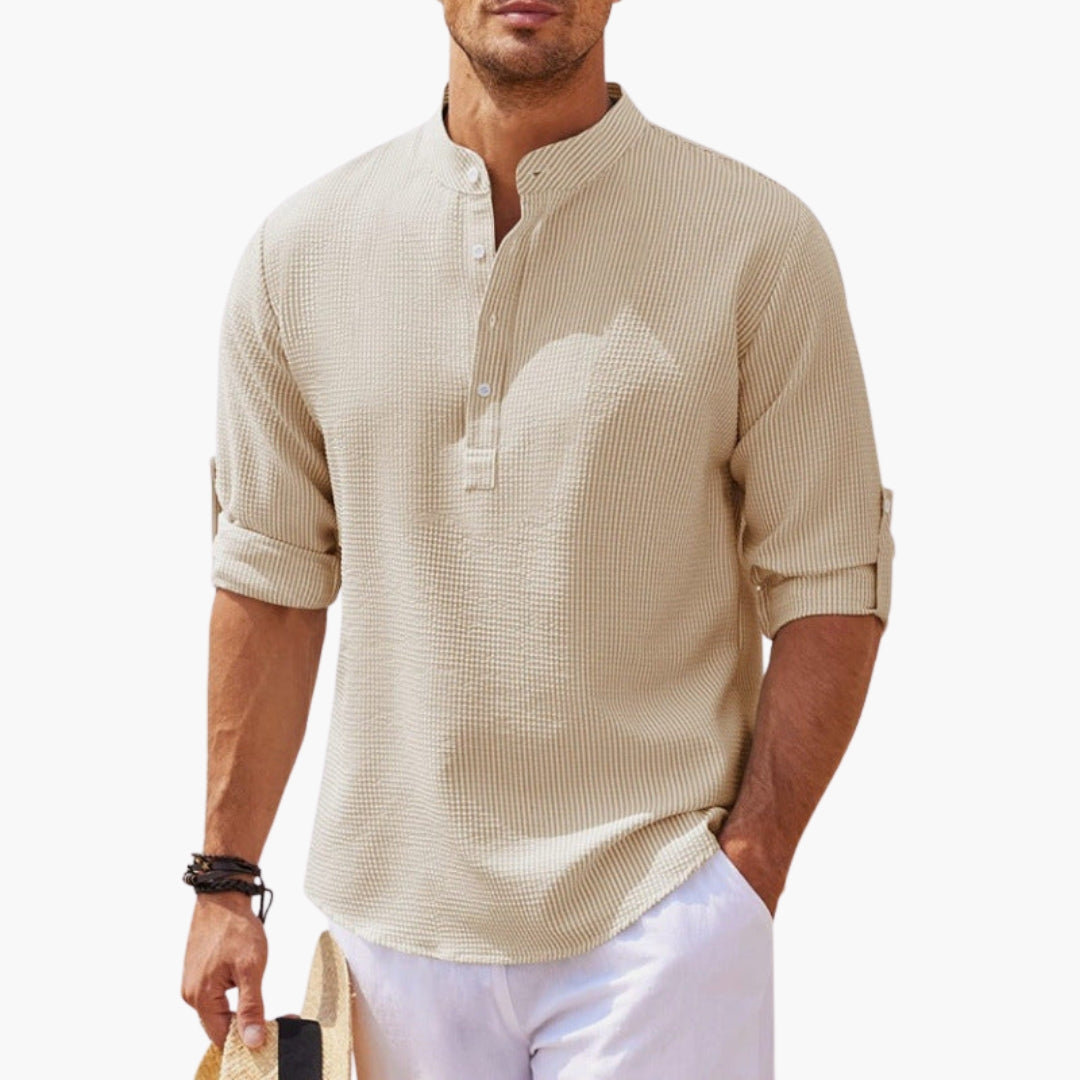 Herren Langarmshirt | Waffelstruktur | Henley-Kragen | Sommer