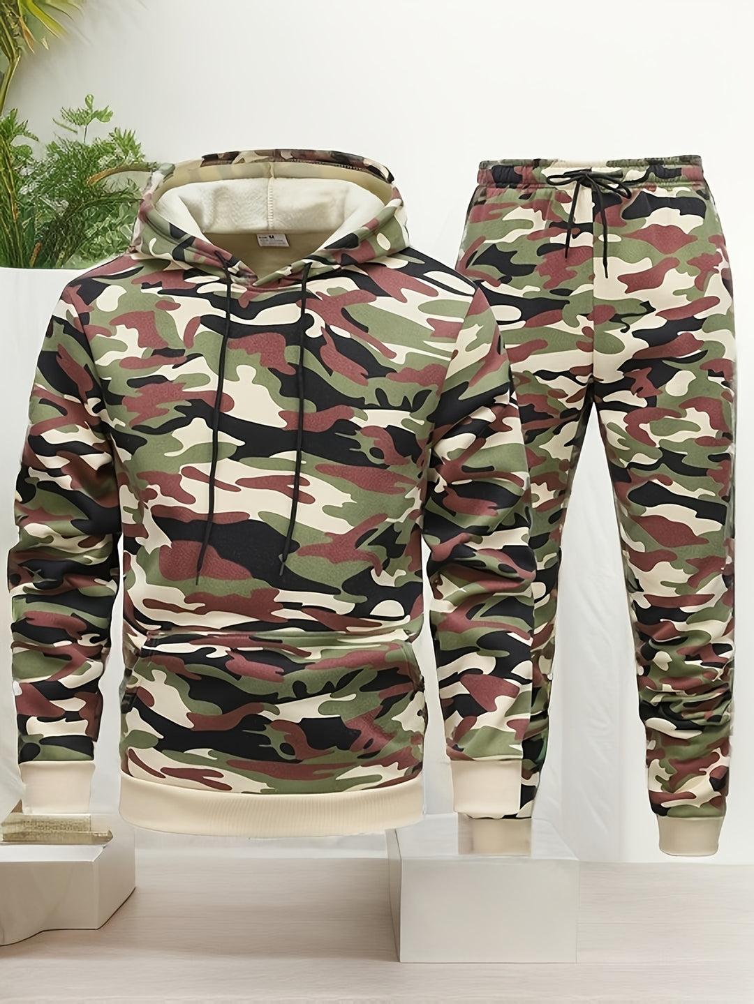 Herren Camouflage Hoodie und Sportanzug | Strick-Polyester | Lange Ärmel | Kordelzug Taille