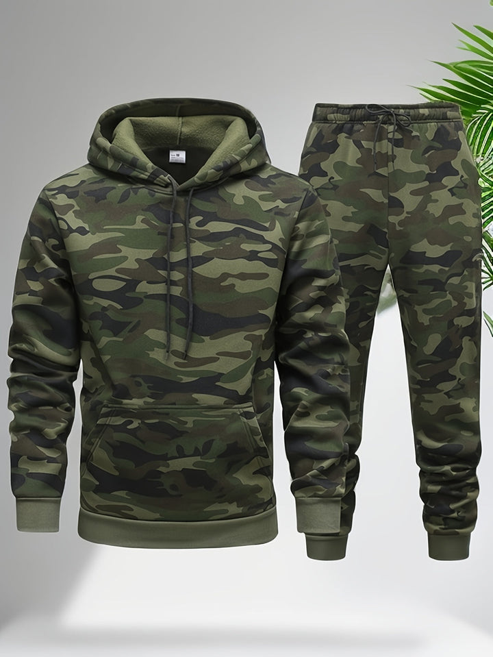 Herren Camouflage Hoodie und Sportanzug | Strick-Polyester | Lange Ärmel | Kordelzug Taille