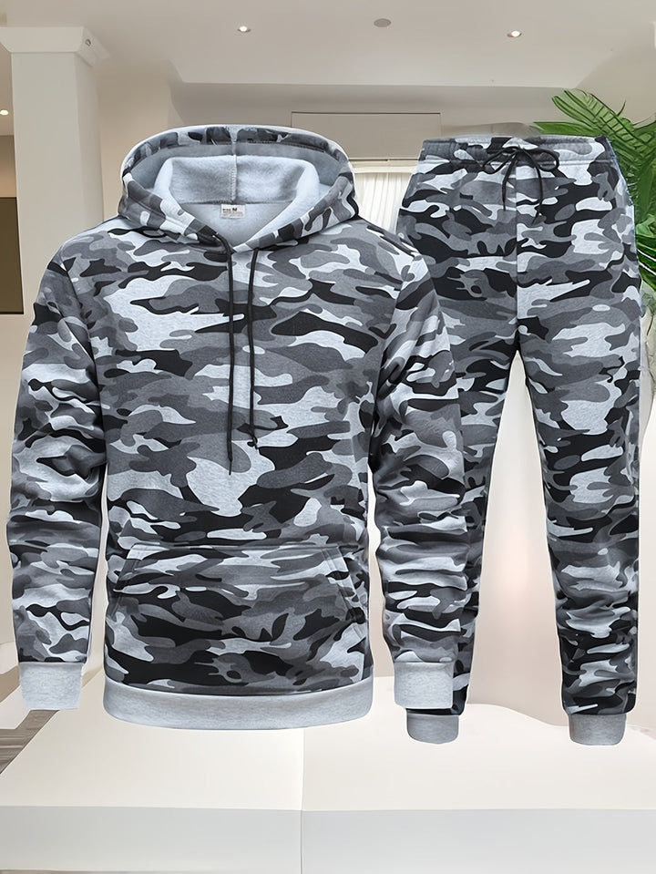 Herren Camouflage Hoodie und Sportanzug | Strick-Polyester | Lange Ärmel | Kordelzug Taille
