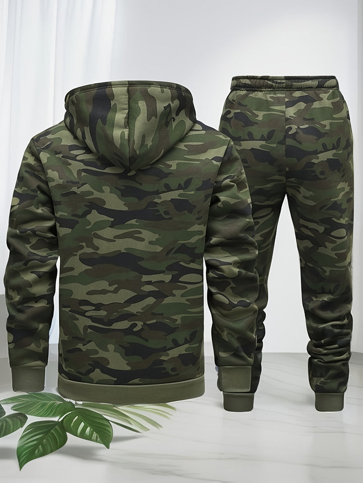 Herren Camouflage Hoodie und Sportanzug | Strick-Polyester | Lange Ärmel | Kordelzug Taille