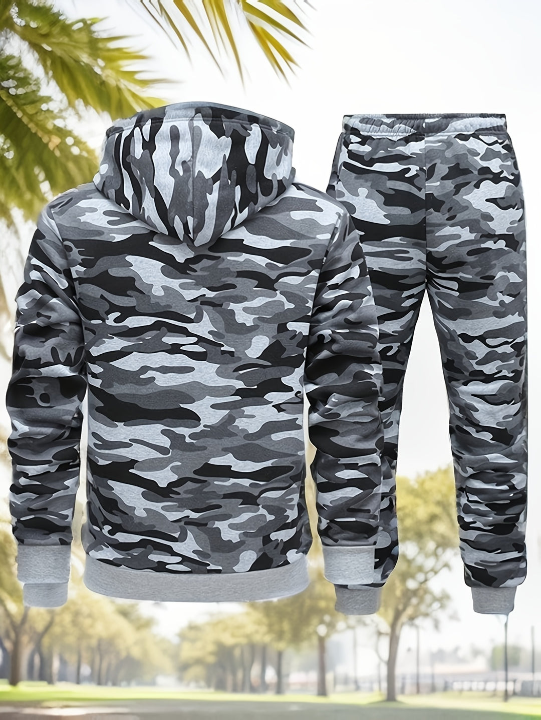 Herren Camouflage Hoodie und Sportanzug | Strick-Polyester | Lange Ärmel | Kordelzug Taille