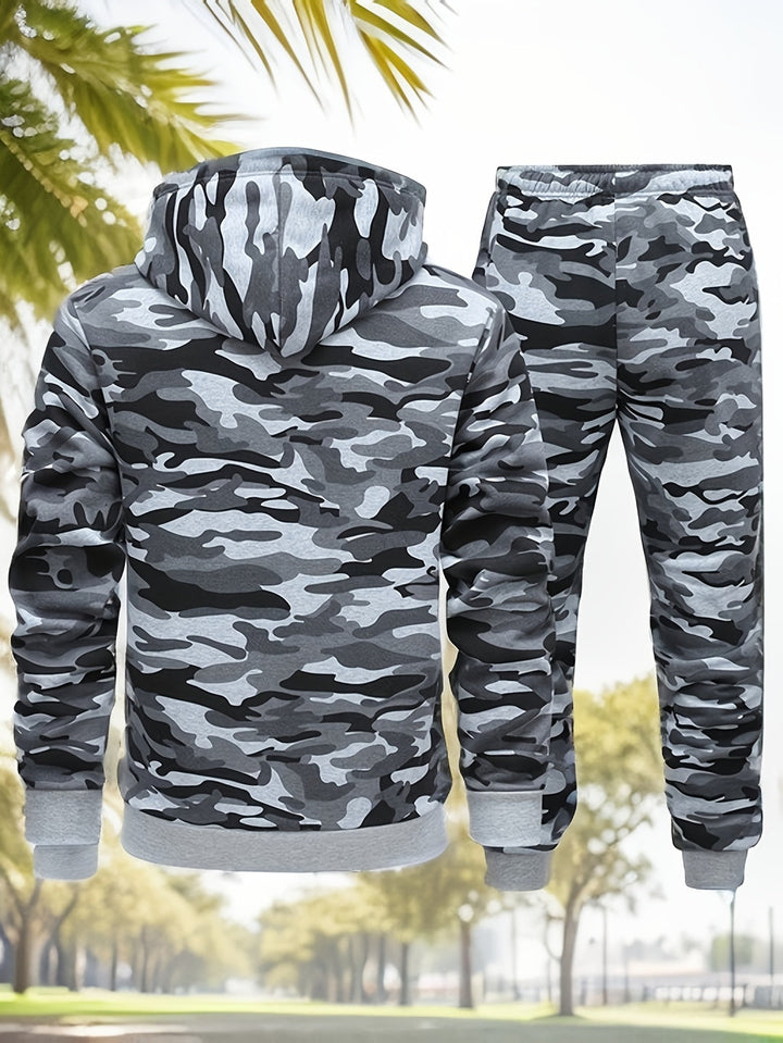 Herren Camouflage Hoodie und Sportanzug | Strick-Polyester | Lange Ärmel | Kordelzug Taille