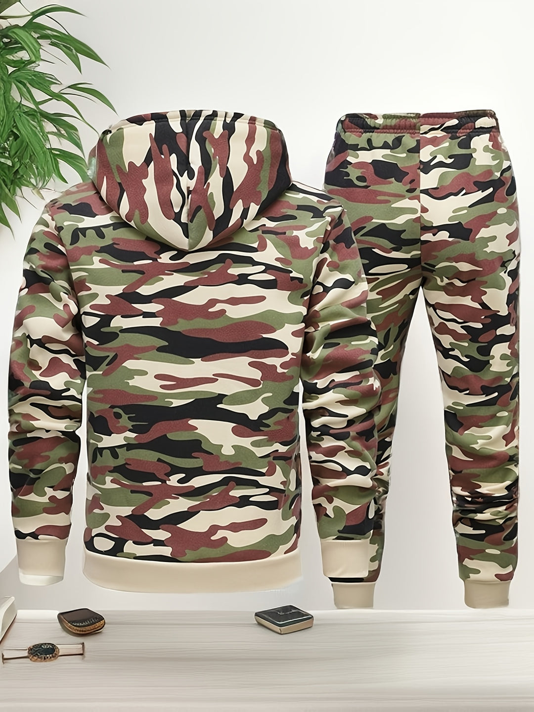 Herren Camouflage Hoodie und Sportanzug | Strick-Polyester | Lange Ärmel | Kordelzug Taille