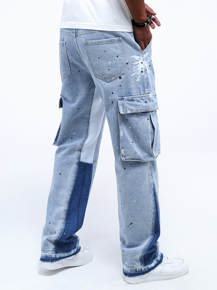 Herren Cargo Denim Hose | Splash Ink & Gerade Beinform | Gewaschene Jeans | Lässig & Ganzjahres