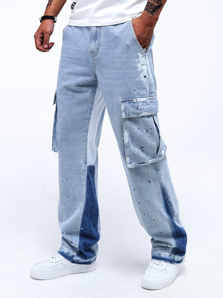 Herren Cargo Denim Hose | Splash Ink & Gerade Beinform | Gewaschene Jeans | Lässig & Ganzjahres