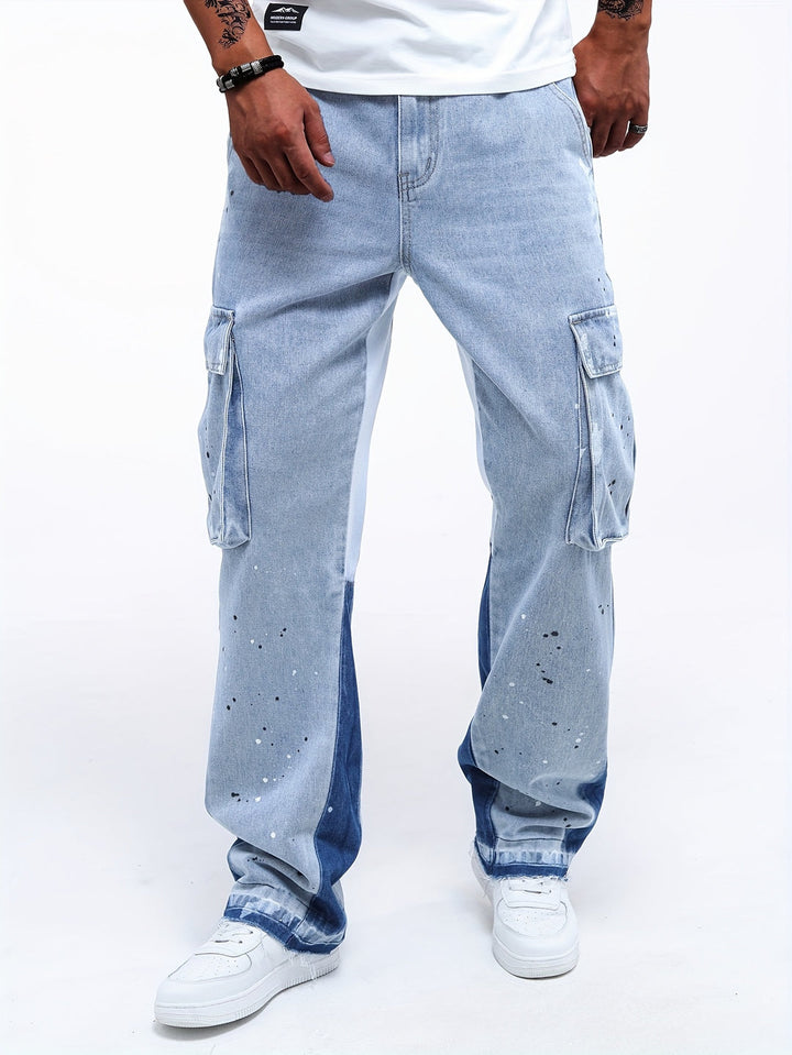 Herren Cargo Denim Hose | Splash Ink & Gerade Beinform | Gewaschene Jeans | Lässig & Ganzjahres