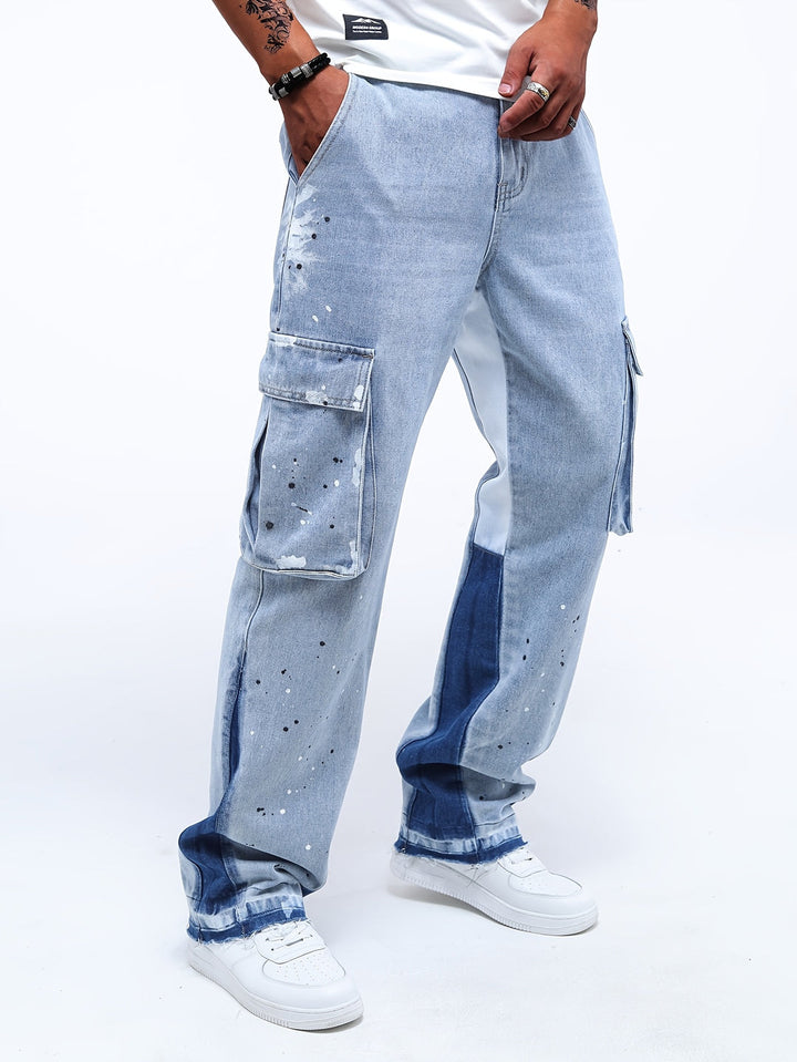Herren Cargo Denim Hose | Splash Ink & Gerade Beinform | Gewaschene Jeans | Lässig & Ganzjahres