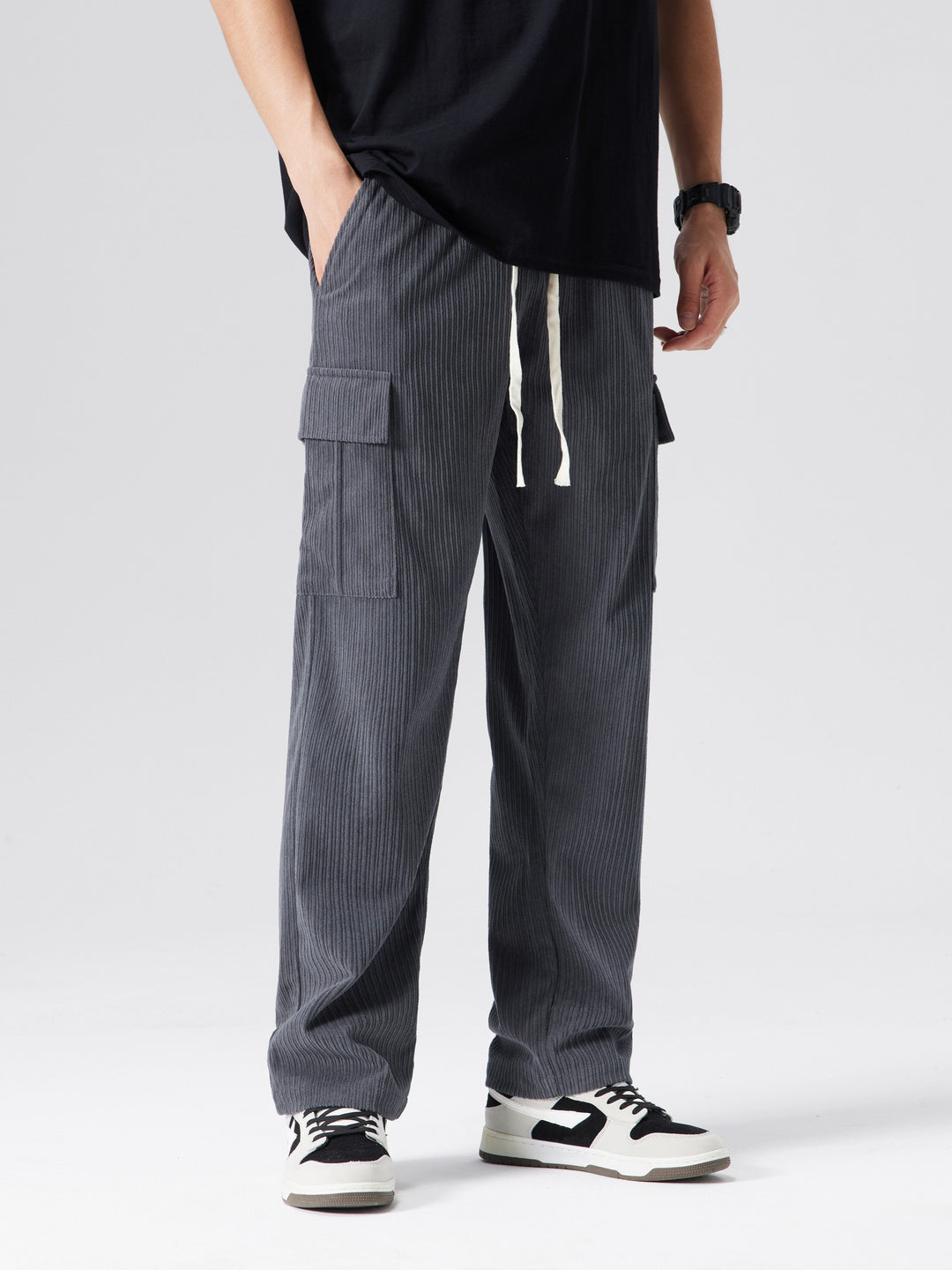 Herren Cargo Hose | Kordelzug Taille | Mehrere Taschen | Einfarbig Outdoor Stil