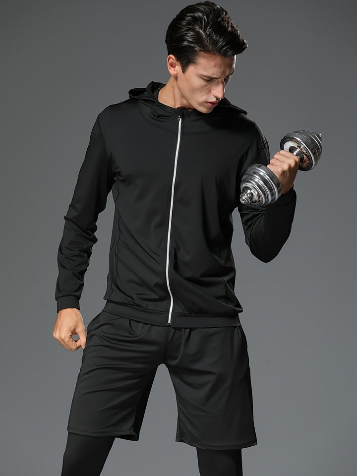 Herren Full-Zip Laufjacke mit Kapuze | Schnelltrocknend & Hohe Elastizität | Lange Ärmel