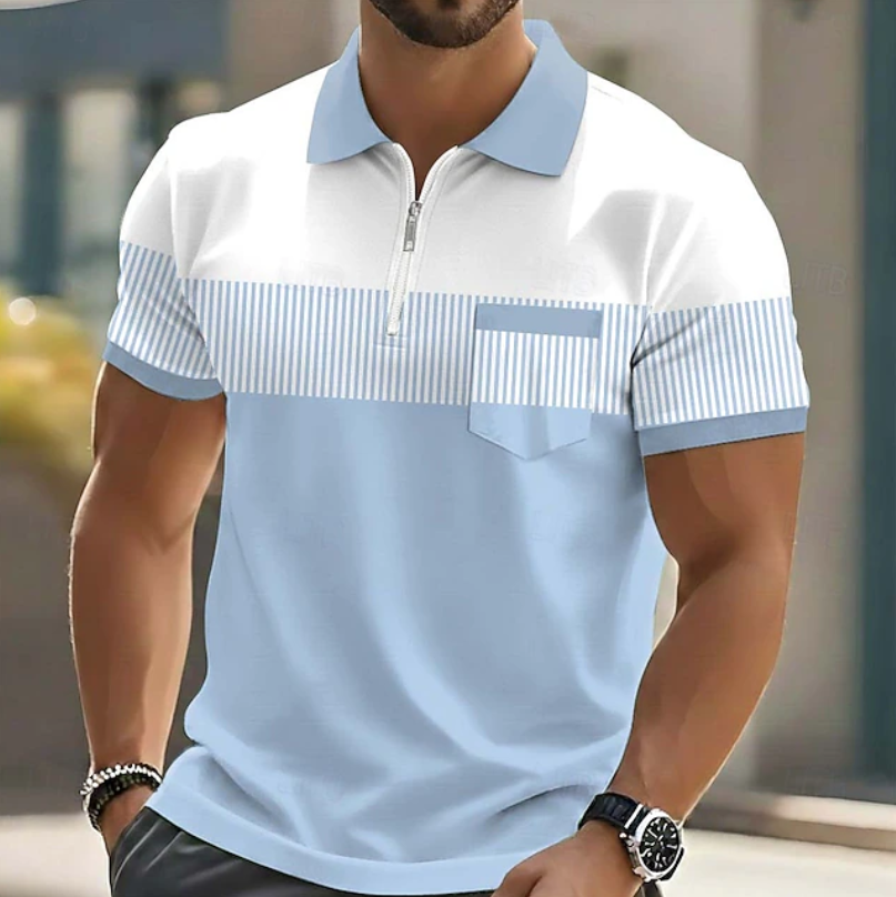 Herren Gestreifter Poloshirt mit Reißverschluss - Casual - Blau