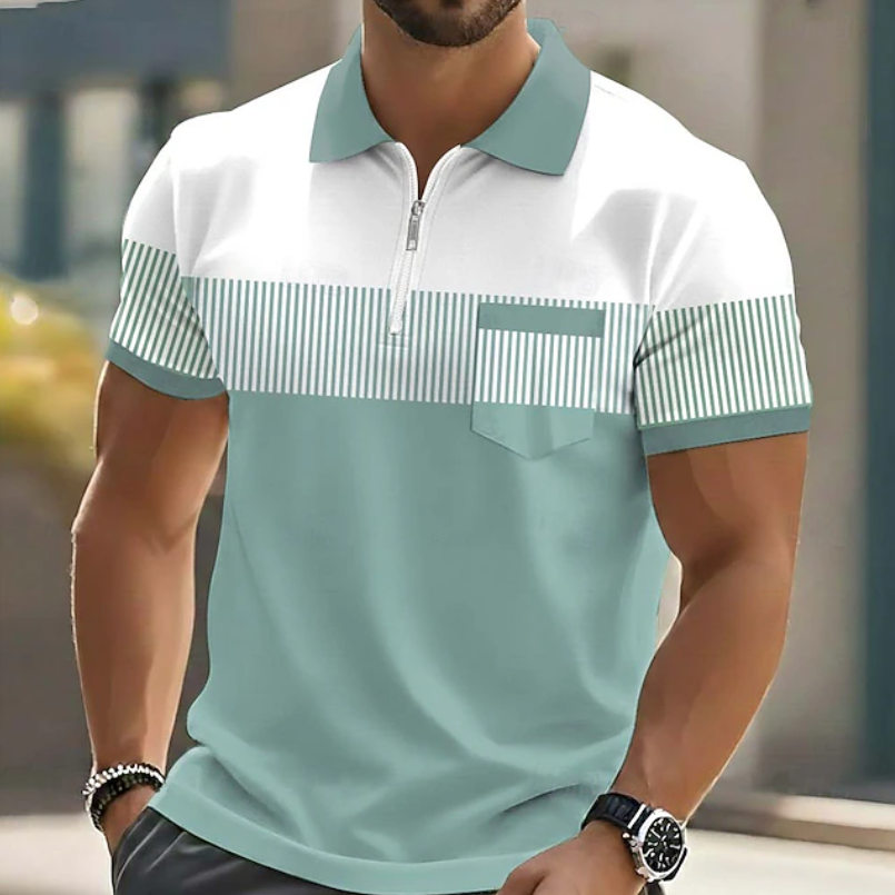 Herren Gestreifter Poloshirt mit Reißverschluss - Casual - Grün