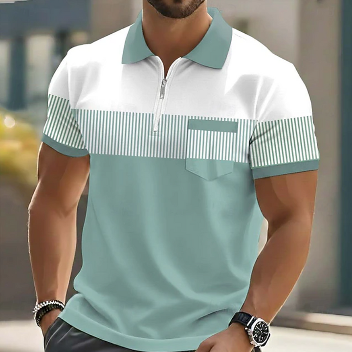 Herren Gestreifter Poloshirt mit Reißverschluss - Casual - Grün