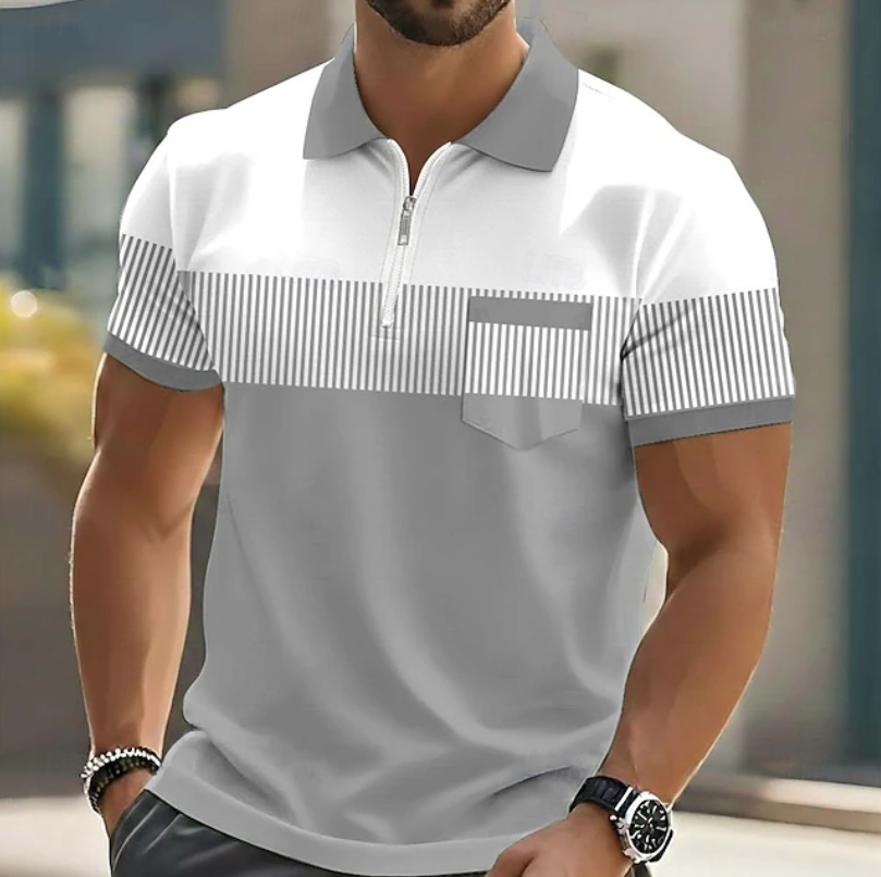 Herren Gestreifter Poloshirt mit Reißverschluss - Casual - Grau