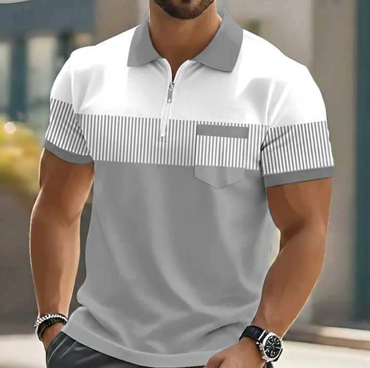 Herren Gestreifter Poloshirt mit Reißverschluss - Casual - Grau