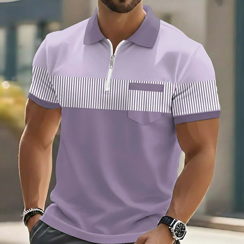 Herren Gestreifter Poloshirt mit Reißverschluss - Casual - Lila