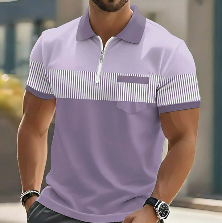 Herren Gestreifter Poloshirt mit Reißverschluss - Casual - Lila