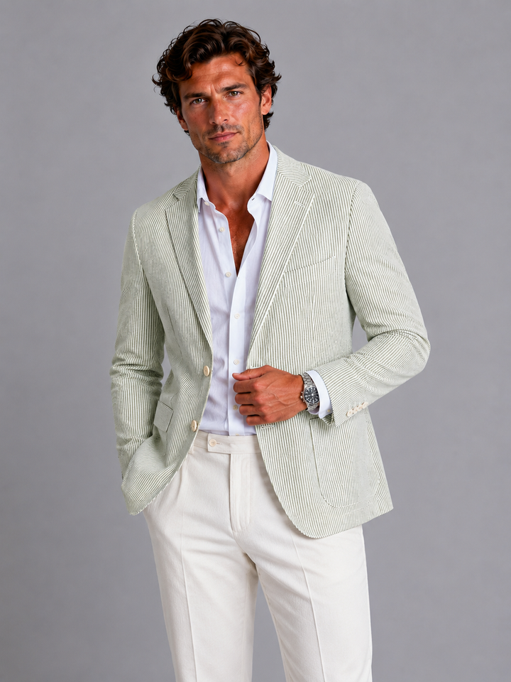 Herren Gestreifter Sommerblazer – Leichte Tailored Suit Jacke - Grün