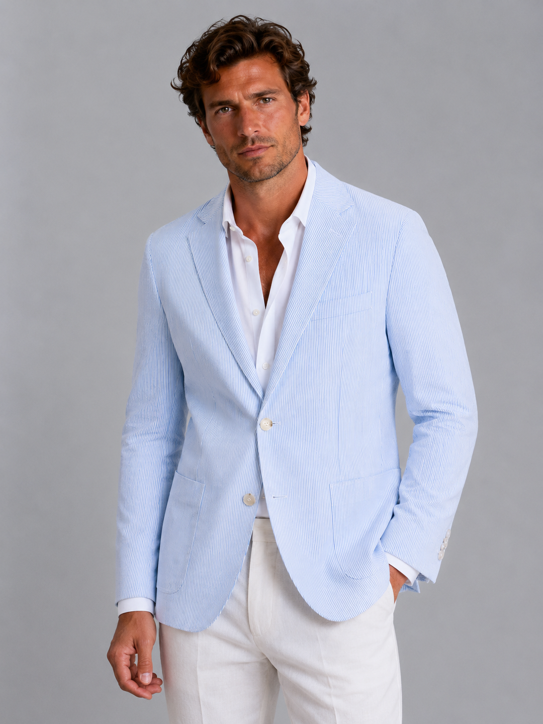 Herren Gestreifter Sommerblazer – Leichte Tailored Suit Jacke - Hellblau