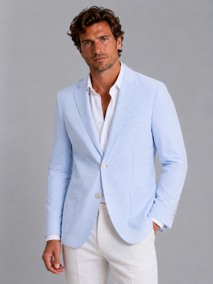 Herren Gestreifter Sommerblazer – Leichte Tailored Suit Jacke - Hellblau