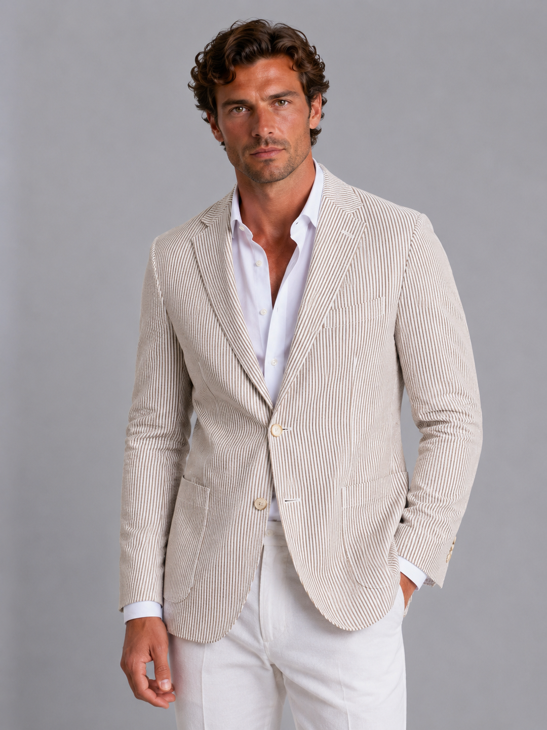 Herren Gestreifter Sommerblazer – Leichte Tailored Suit Jacke - Khaki