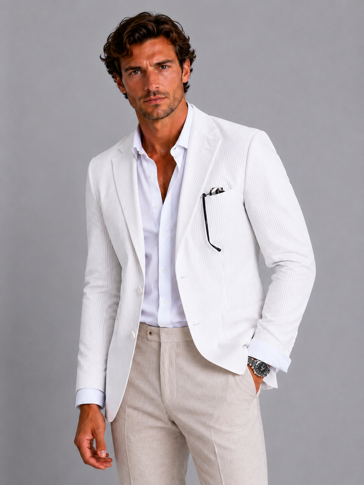 Herren Gestreifter Sommerblazer – Leichte Tailored Suit Jacke - Weiß