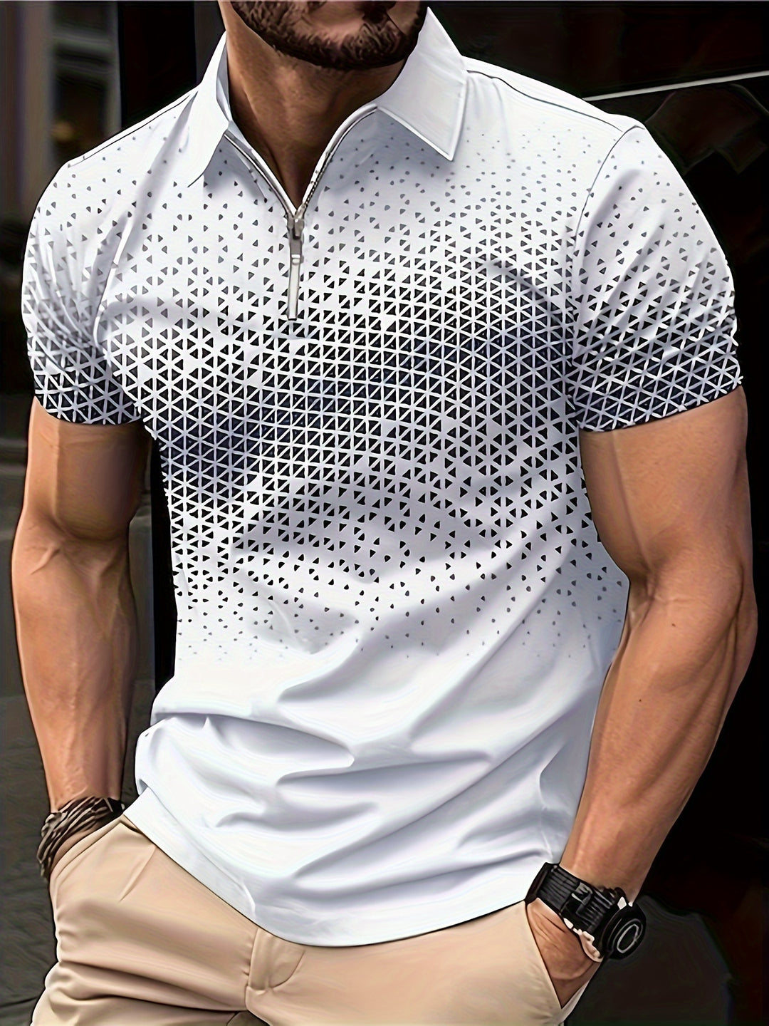 Herren Hemd | Geometrisches Muster | Bequem & Vielseitig | Zip Kurzarm