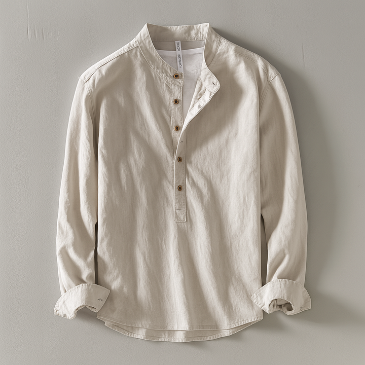 Herren Hemd mit Stehkragen und Knopfleiste - Entspannte Passform - Beige