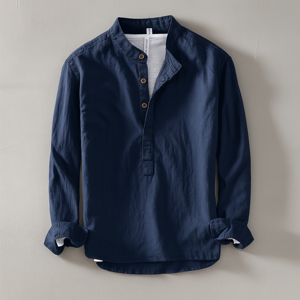 Herren Hemd mit Stehkragen und Knopfleiste - Entspannte Passform - Marineblau