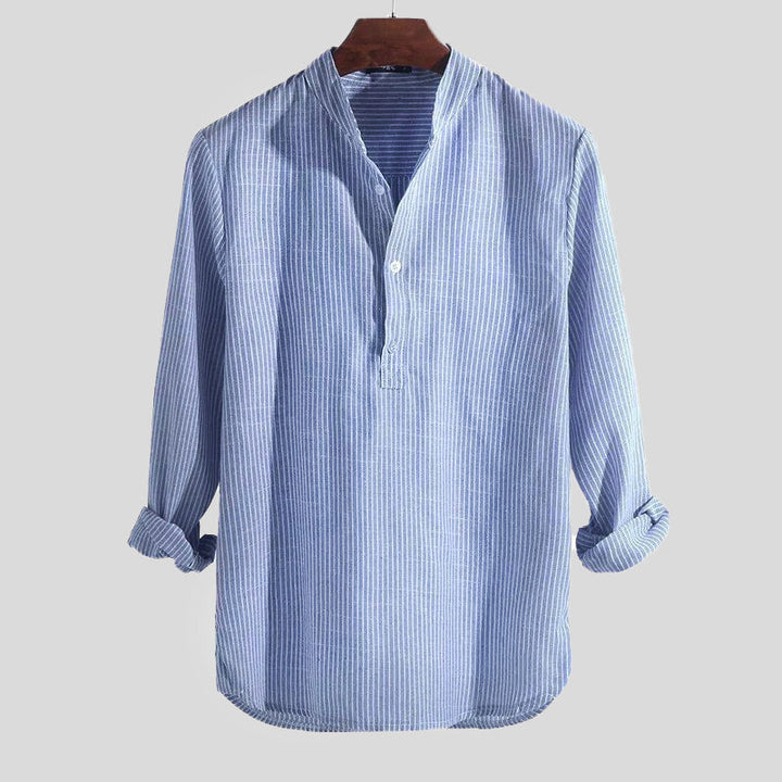 Herren Henley-Hemd Baumwoll-Leinen Streifen Langarm - Entspannte Passf - Blau