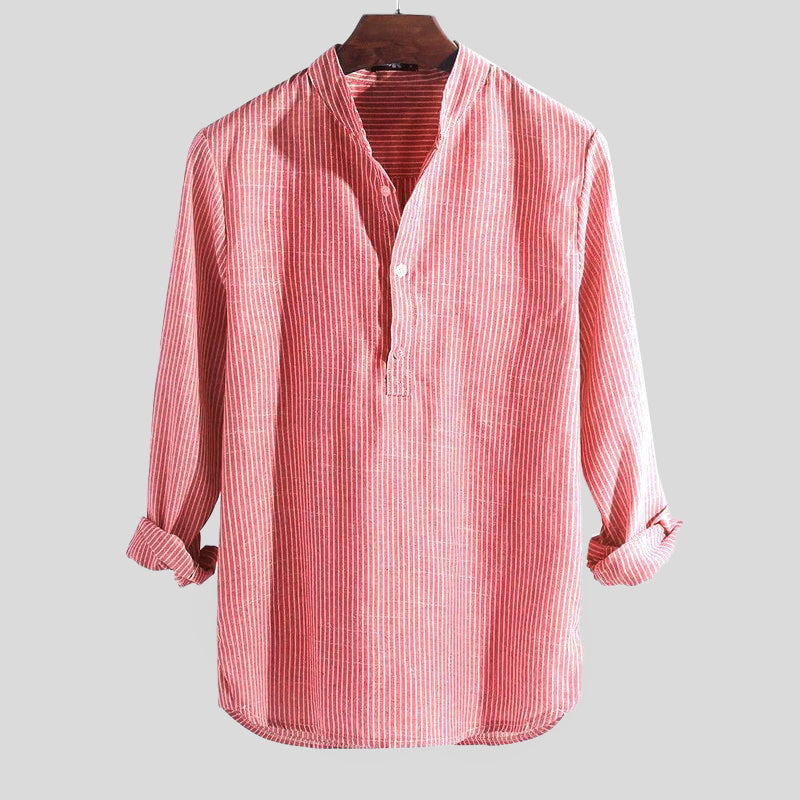 Herren Henley-Hemd Baumwoll-Leinen Streifen Langarm - Entspannte Passf - Rot