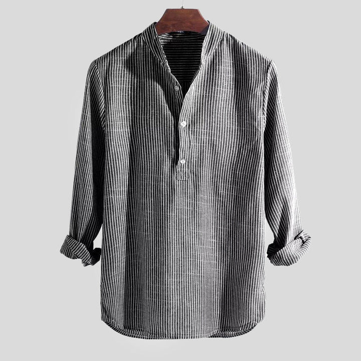 Herren Henley-Hemd Baumwoll-Leinen Streifen Langarm - Entspannte Passf - Schwarz