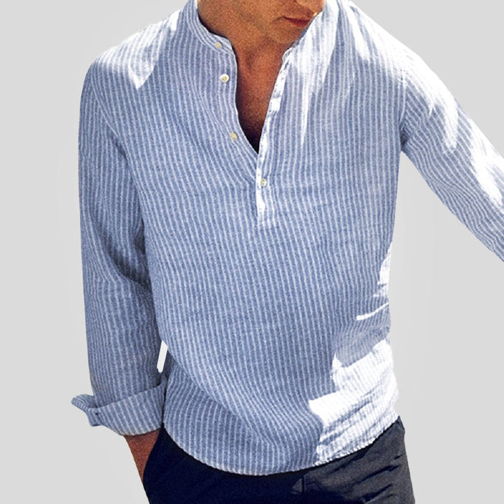 Herren Henley-Hemd Baumwoll-Leinen Streifen Langarm - Entspannte Passf