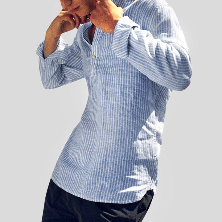 Herren Henley-Hemd Baumwoll-Leinen Streifen Langarm - Entspannte Passf